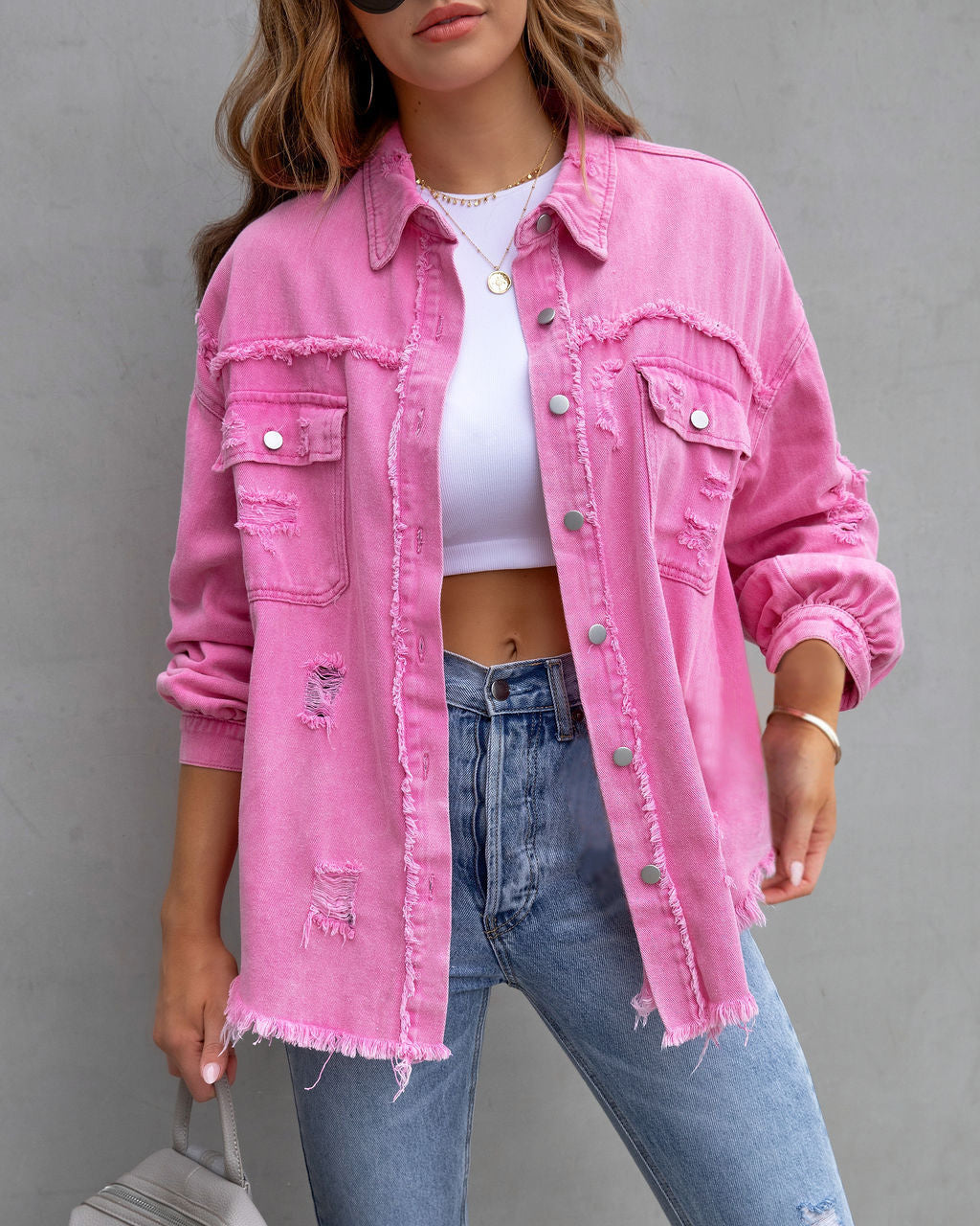 Oversized Frayed Hem Distressed Denim Jacket - Pink