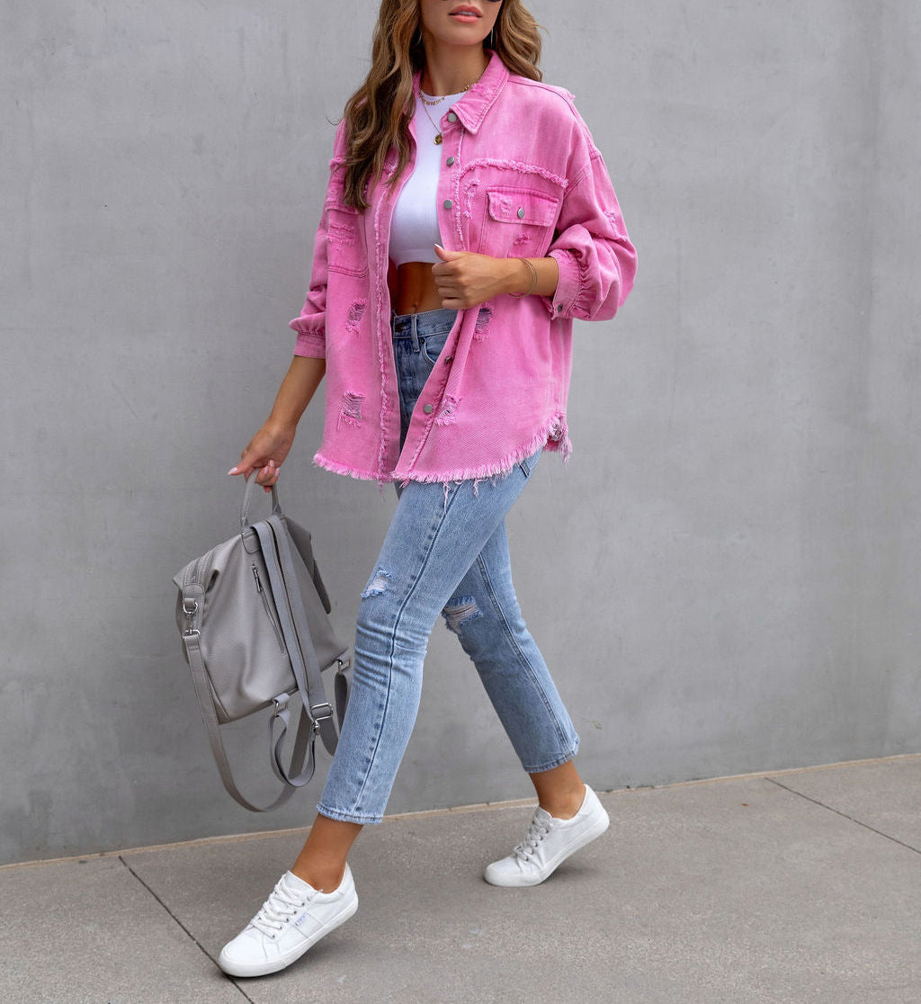 Oversized Frayed Hem Distressed Denim Jacket - Pink - 1