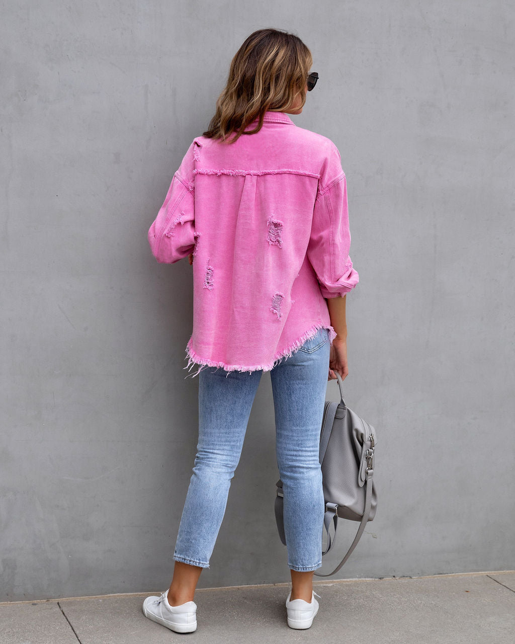 Oversized Frayed Hem Distressed Denim Jacket - Pink - 2