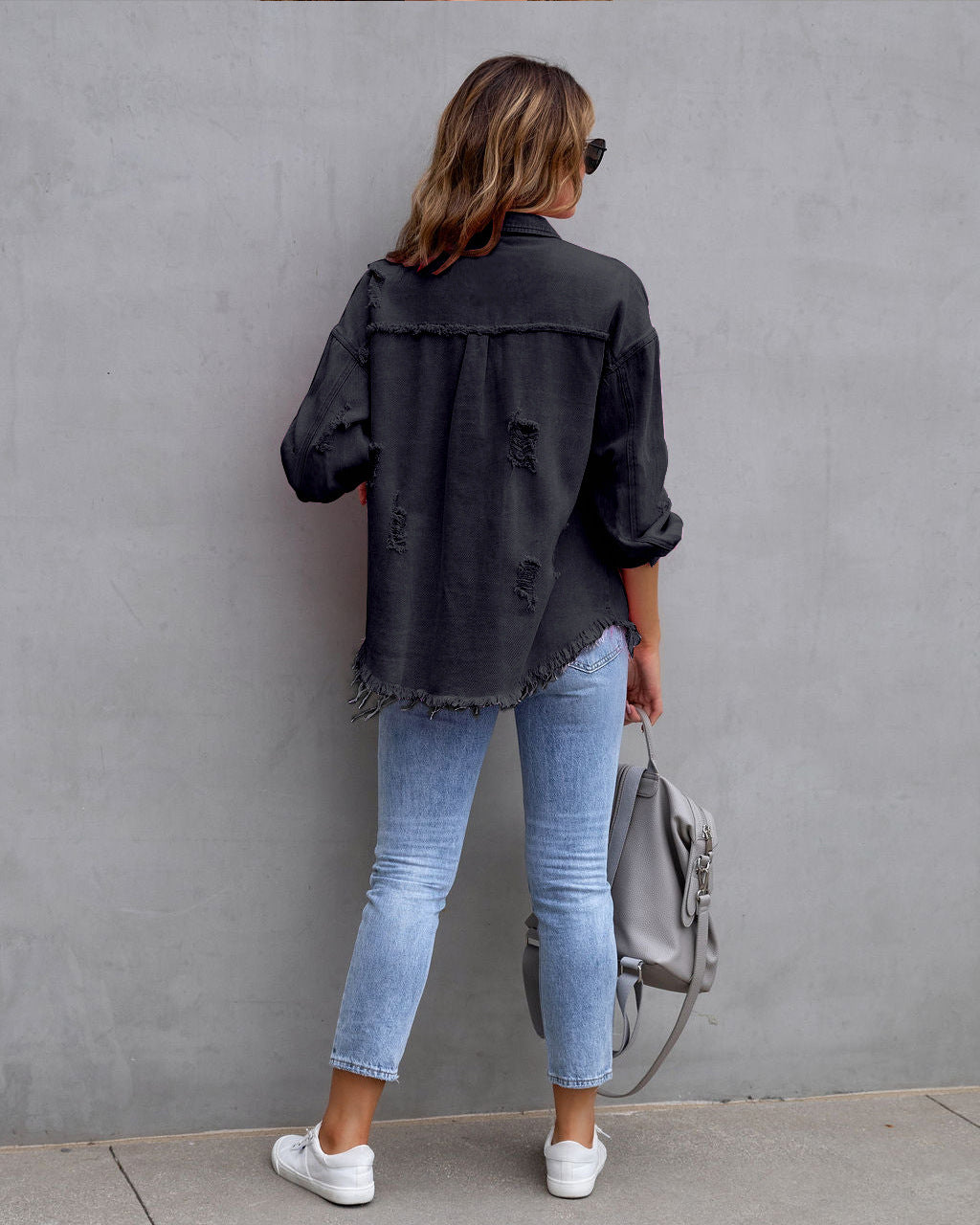 Oversized Frayed Hem Distressed Denim Jacket - black - 1