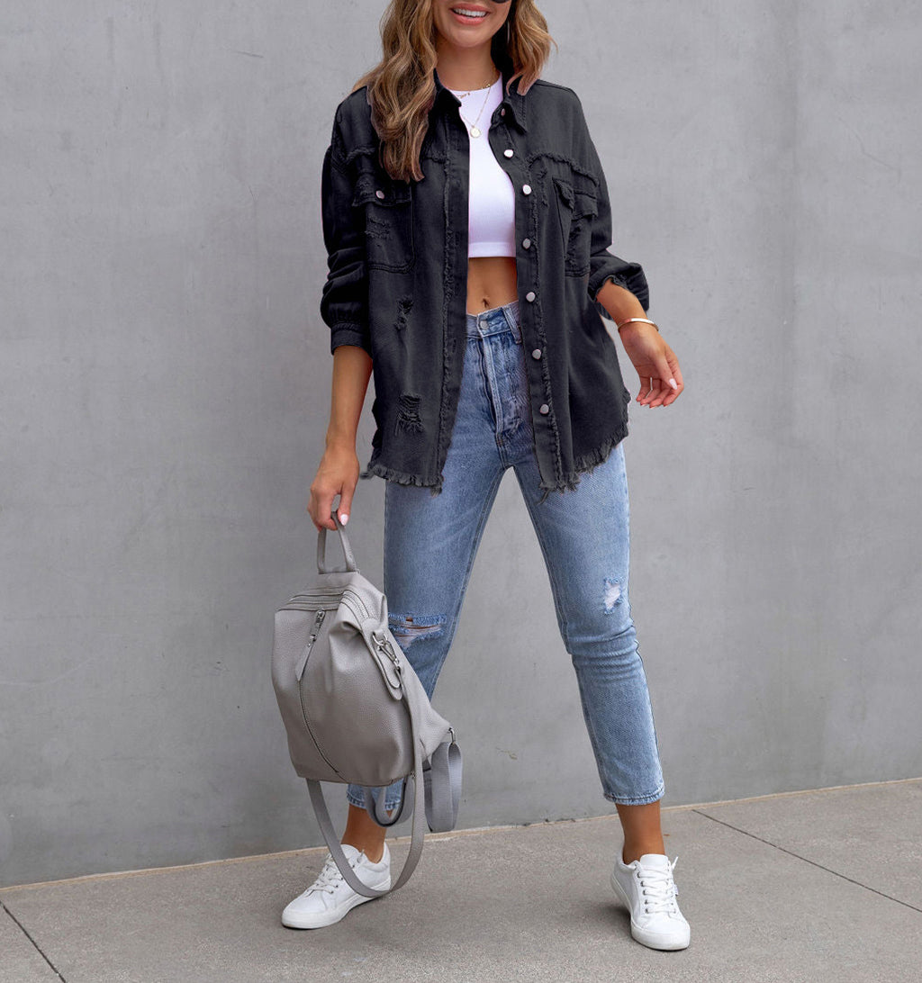Oversized Frayed Hem Distressed Denim Jacket - black - 2