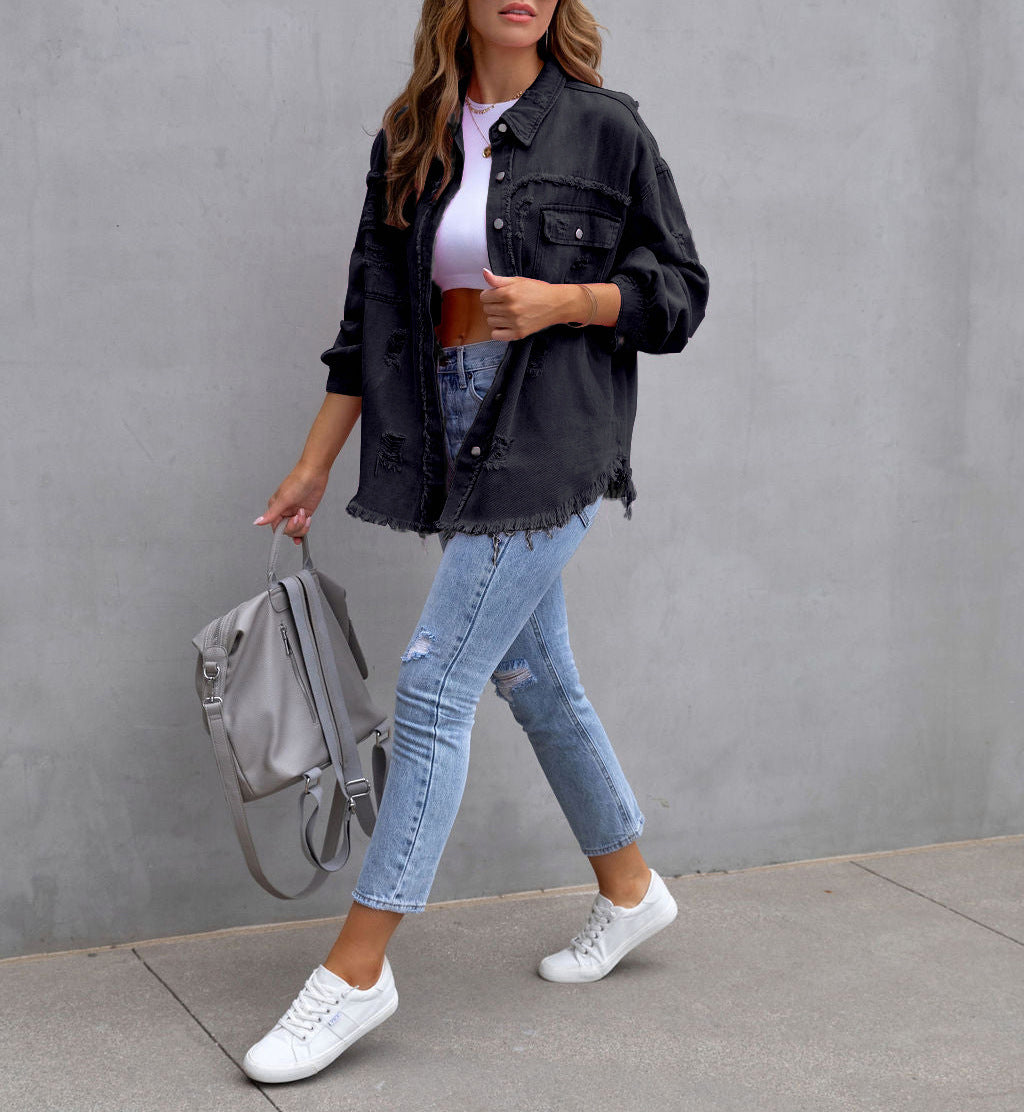 Oversized Frayed Hem Distressed Denim Jacket - black - 3