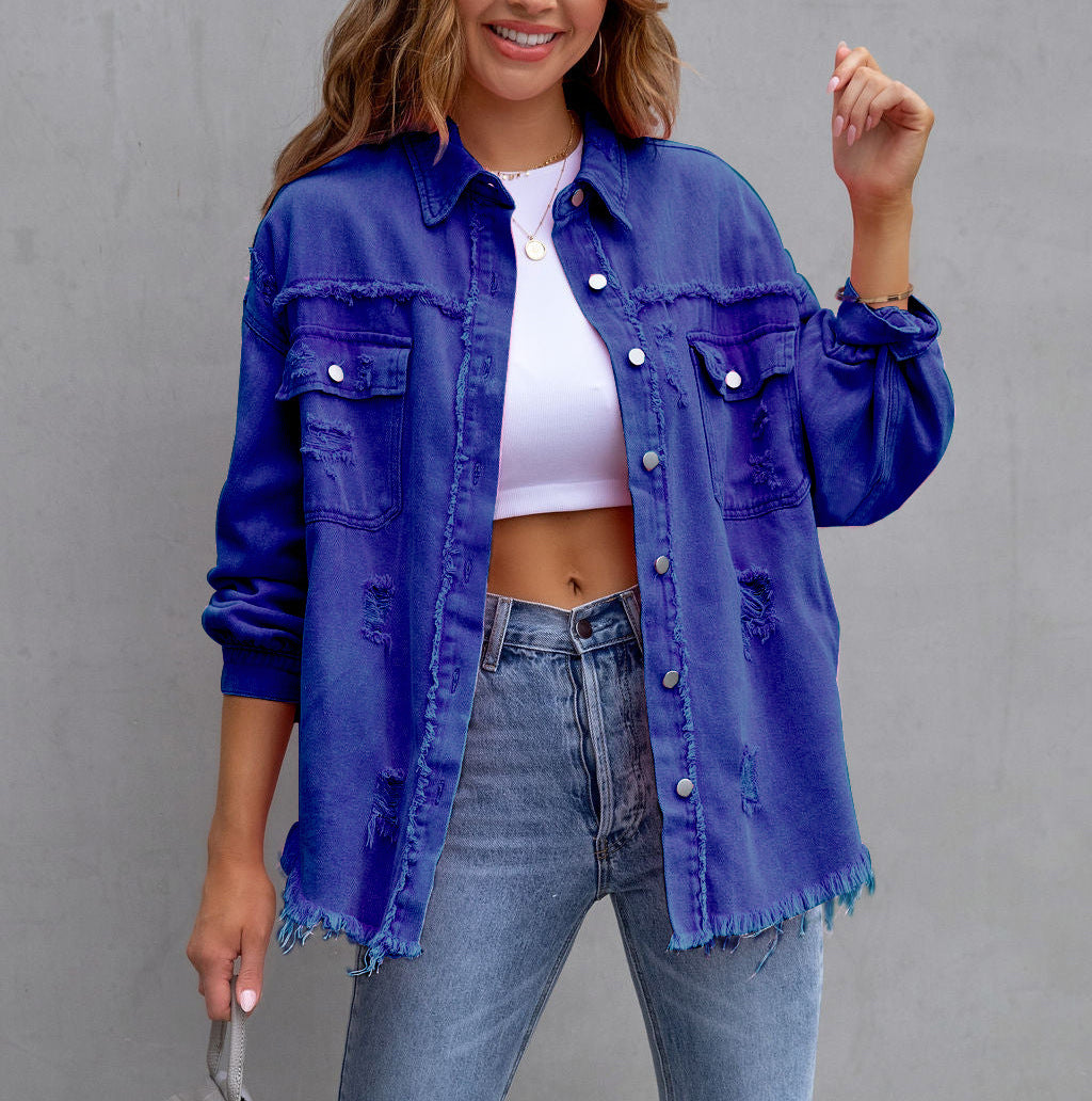 Oversized Frayed Hem Distressed Denim Jacket - blue