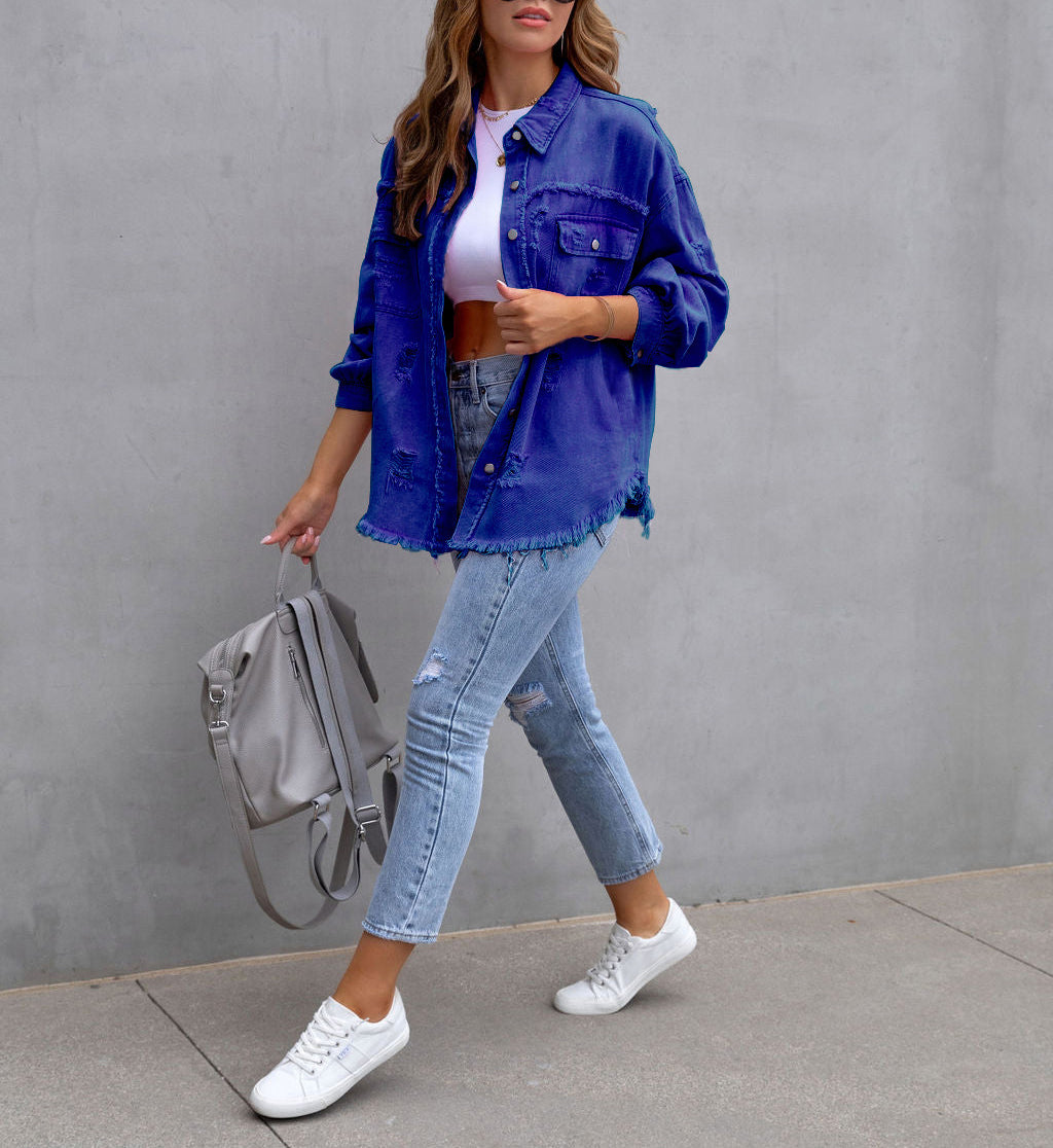 Oversized Frayed Hem Distressed Denim Jacket - blue - 1