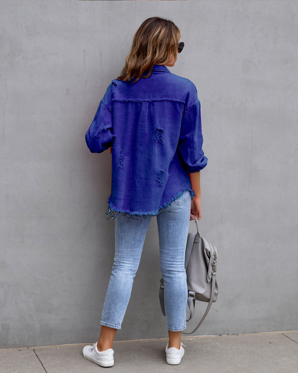 Oversized Frayed Hem Distressed Denim Jacket - blue - 2