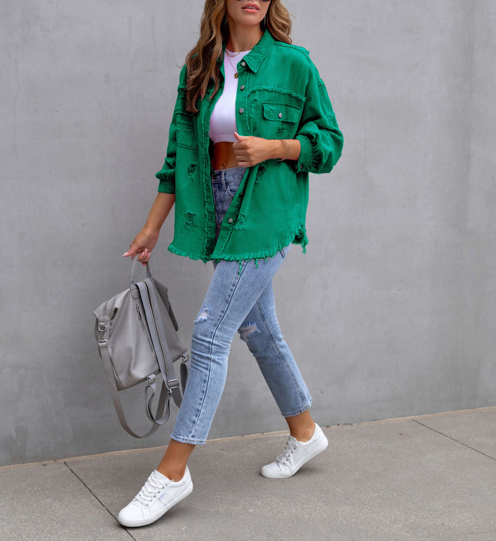 Oversized Frayed Hem Distressed Denim Jacket - green - 1