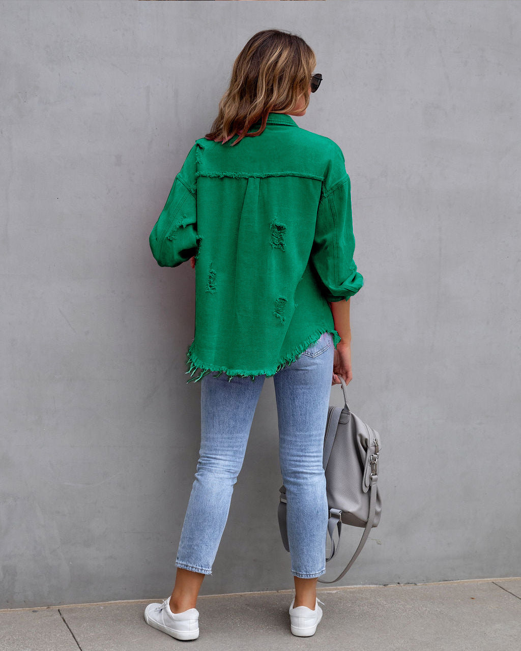 Oversized Frayed Hem Distressed Denim Jacket - green - 2