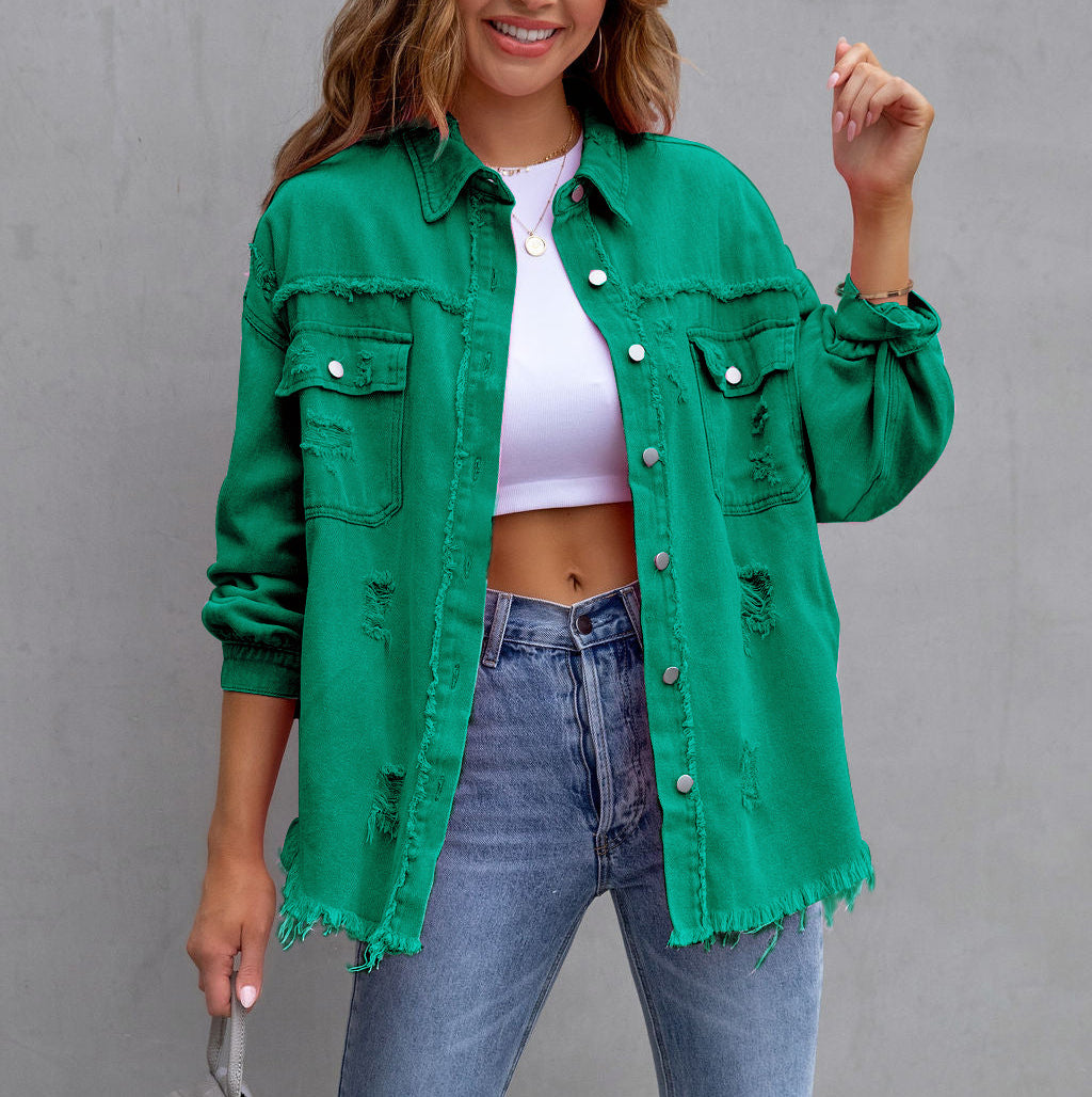 Oversized Frayed Hem Distressed Denim Jacket - green - 3