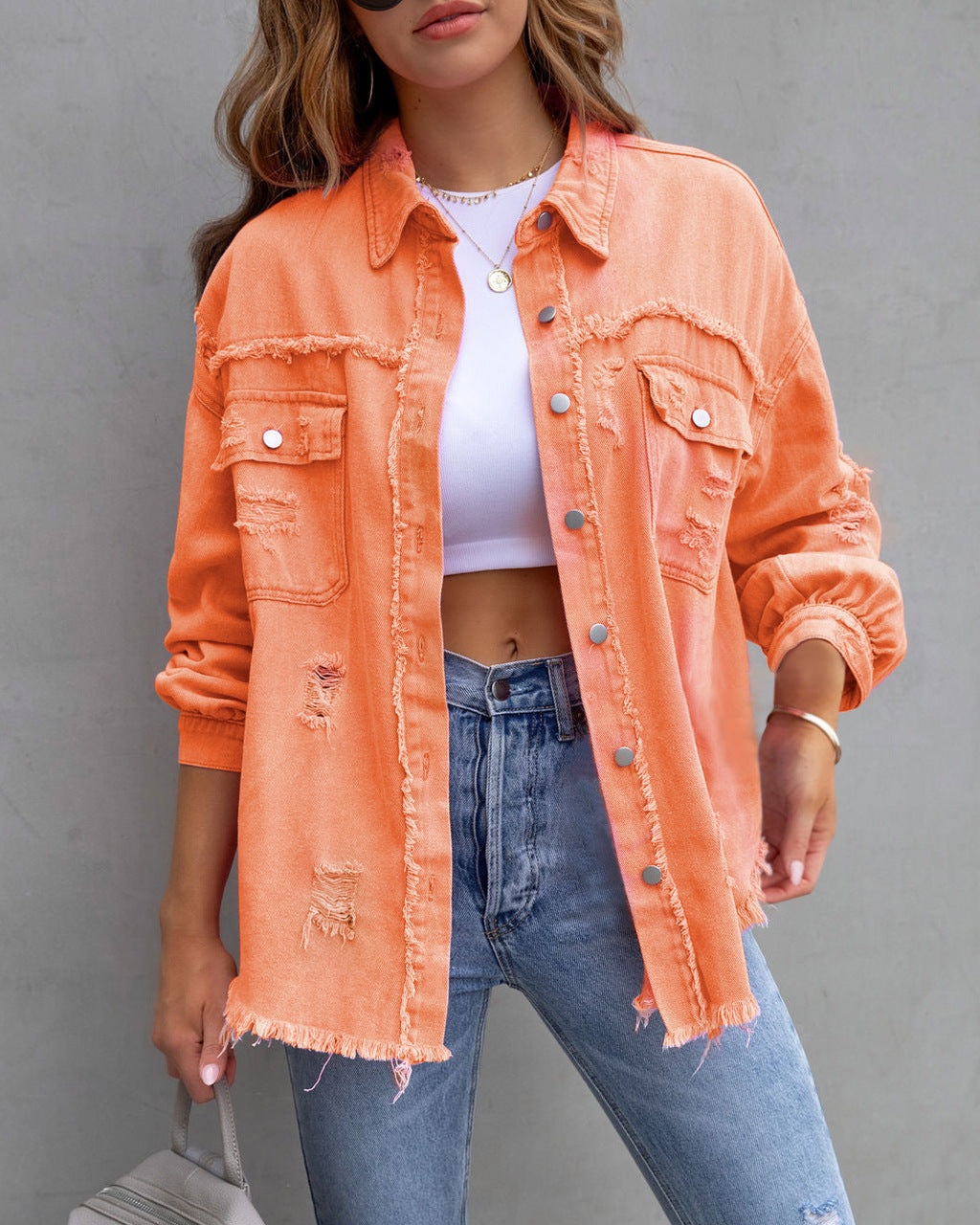 Oversized Frayed Hem Distressed Denim Jacket - orange
