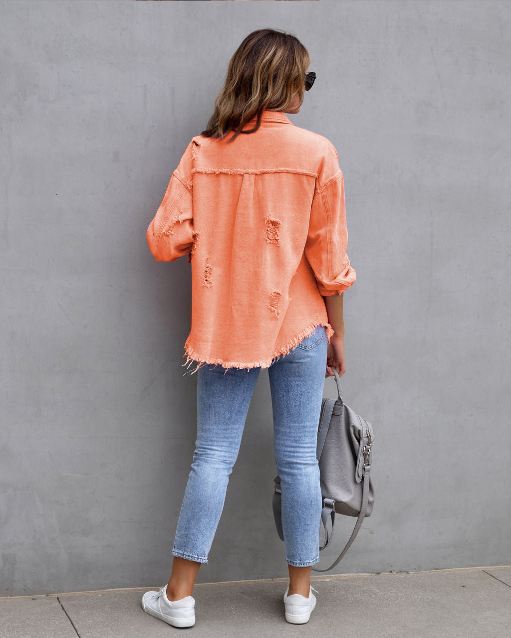 Oversized Frayed Hem Distressed Denim Jacket - orange - 1