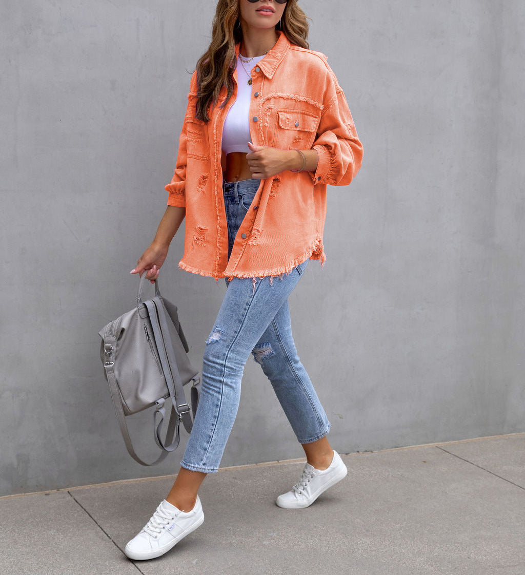 Oversized Frayed Hem Distressed Denim Jacket - orange - 2