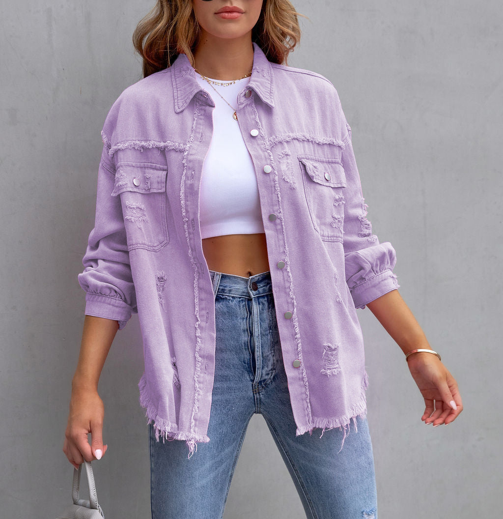 Oversized Frayed Hem Distressed Denim Jacket - purple