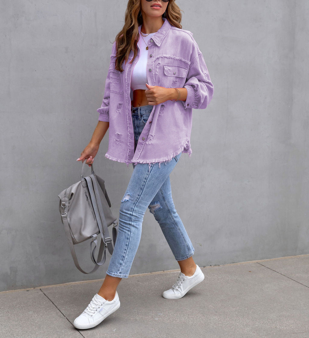 Oversized Frayed Hem Distressed Denim Jacket - purple - 1