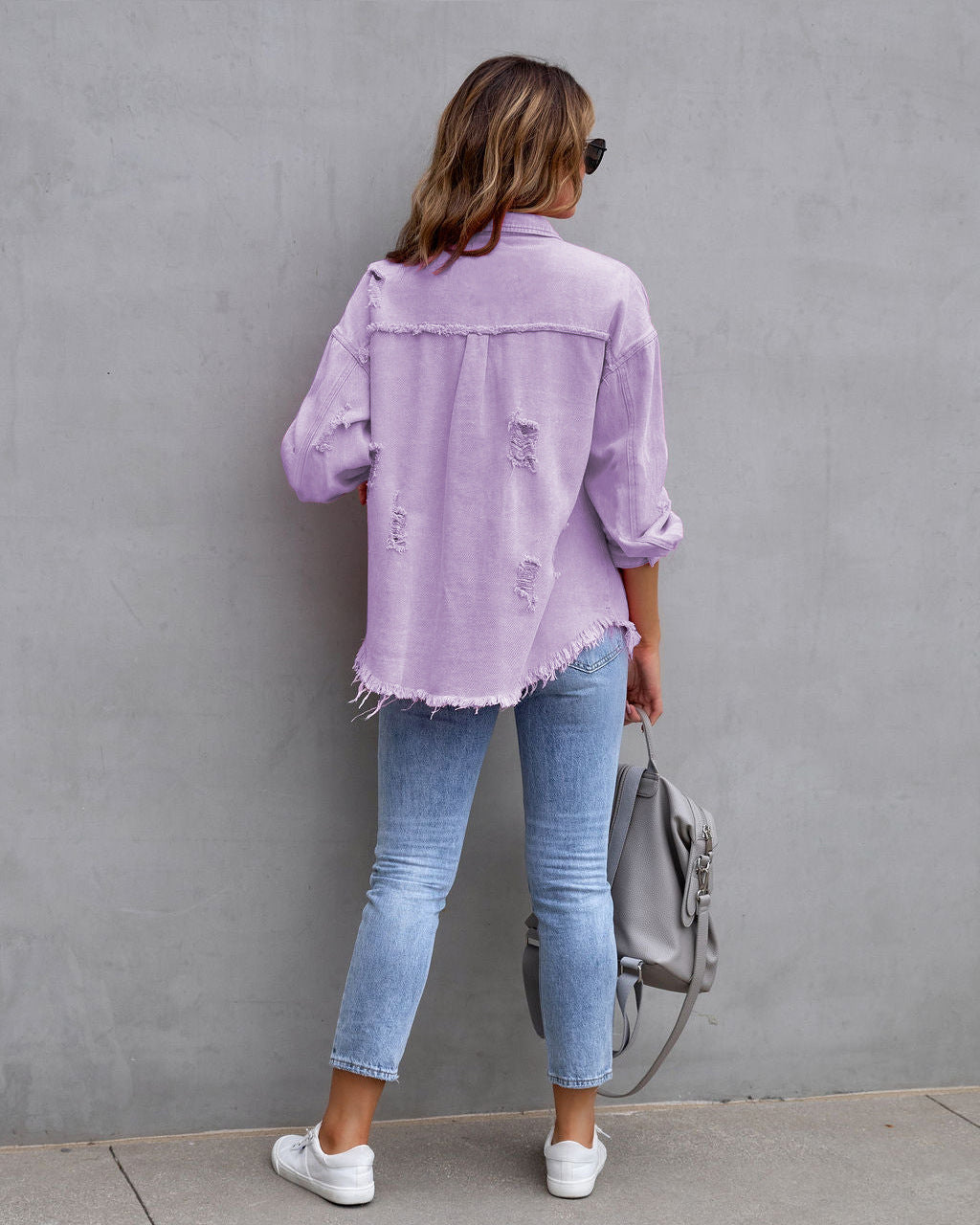 Oversized Frayed Hem Distressed Denim Jacket - purple - 3