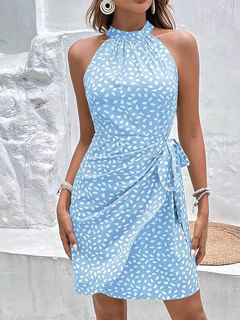 Halter Neck Ruched Polka Dot Mini Dress - Blue