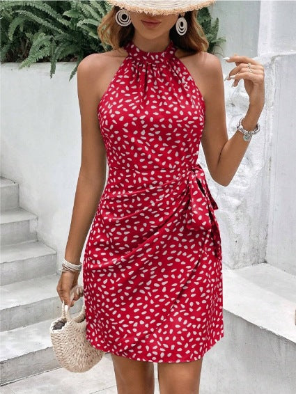Halter Neck Ruched Polka Dot Mini Dress - Red