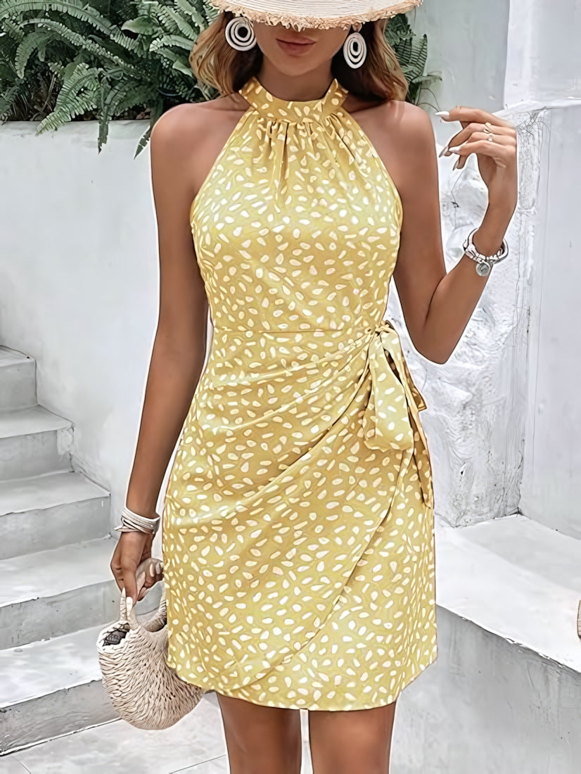 Halter Neck Ruched Polka Dot Mini Dress - Yellow