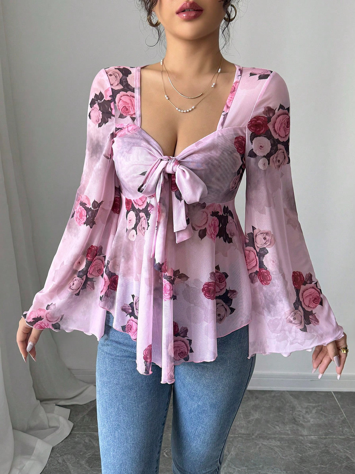 Sheer Floral Tie Front Bell Sleeve Blouse - Purple-1