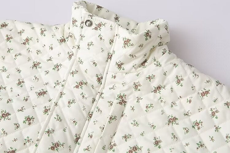 Rosebud Print Quilted Zip Jacket - White - 7