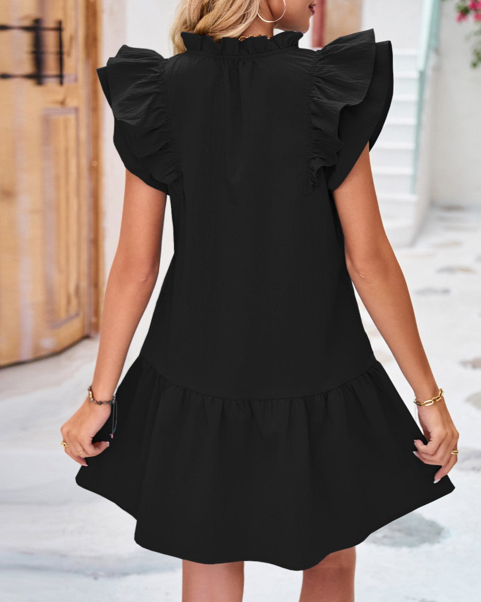 Ruffle Sleeve Tie Neck Swing Mini Dress - Black - 2