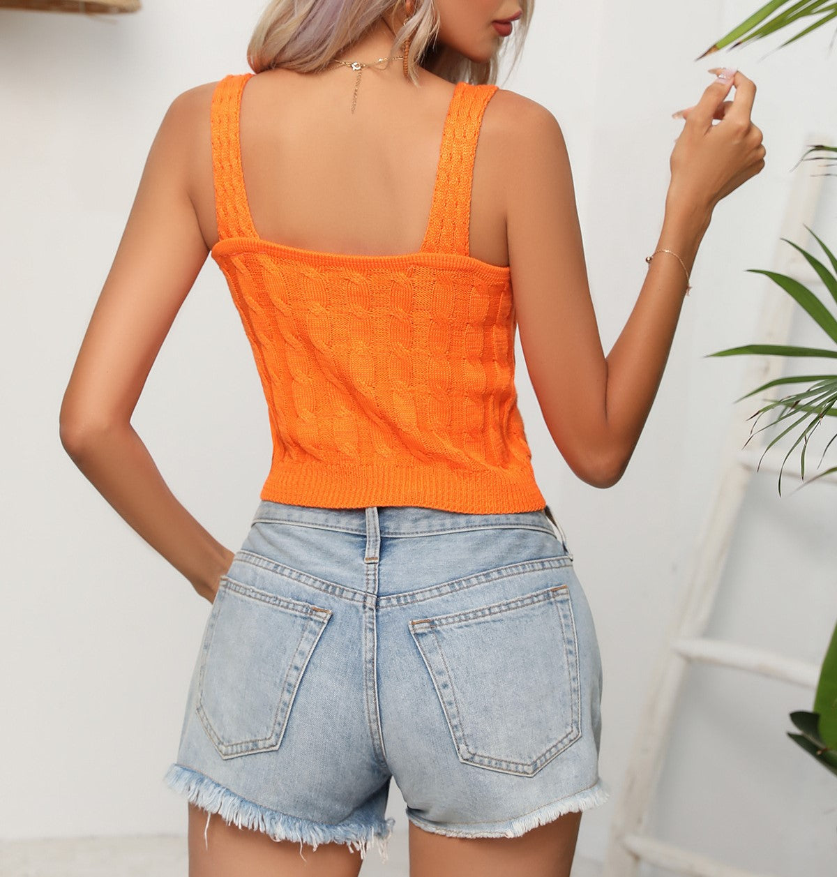 Textured Knit Sleeveless Cropped Top - Orange - 6