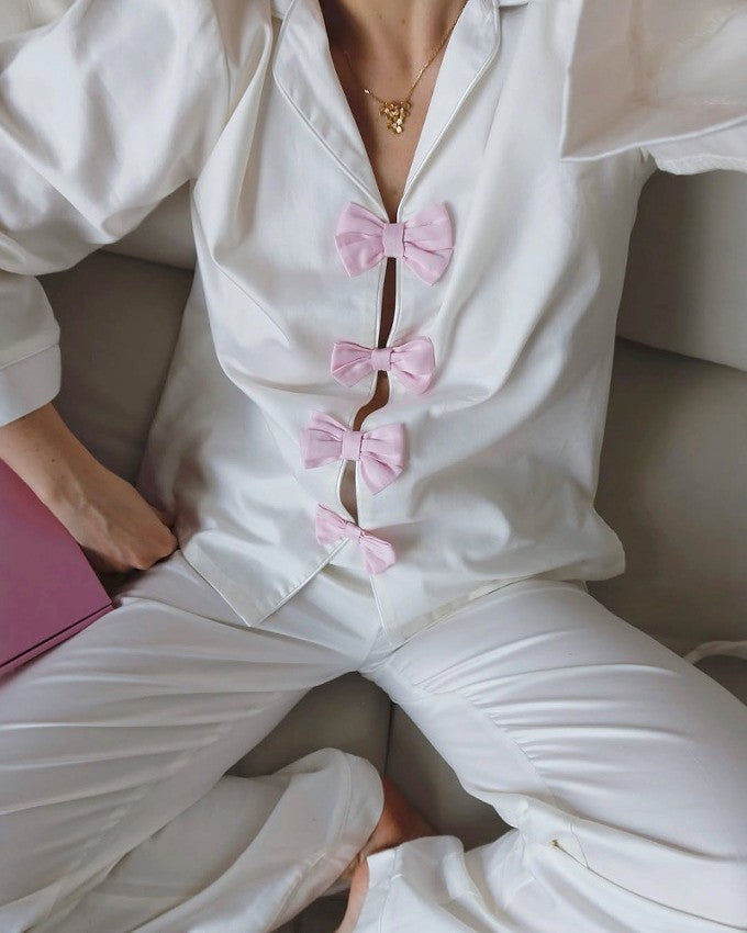 Satin Pajama Set With Bow Accent Placket - White