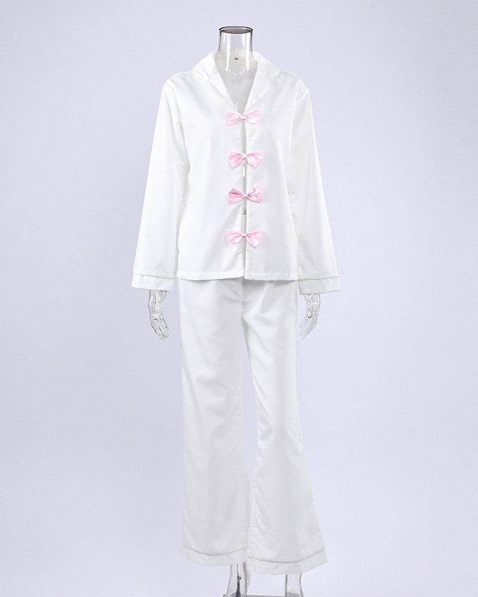 Satin Pajama Set With Bow Accent Placket - White - 1