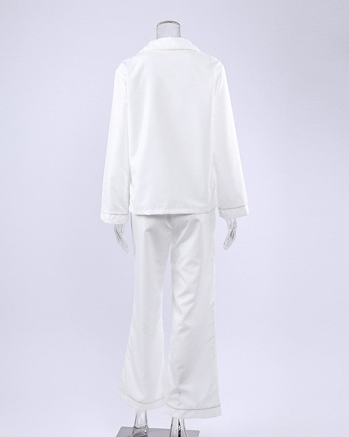 Satin Pajama Set With Bow Accent Placket - White - 2