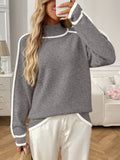 Mock Neck Contrast Stripe Slouchy Sweater - Grey