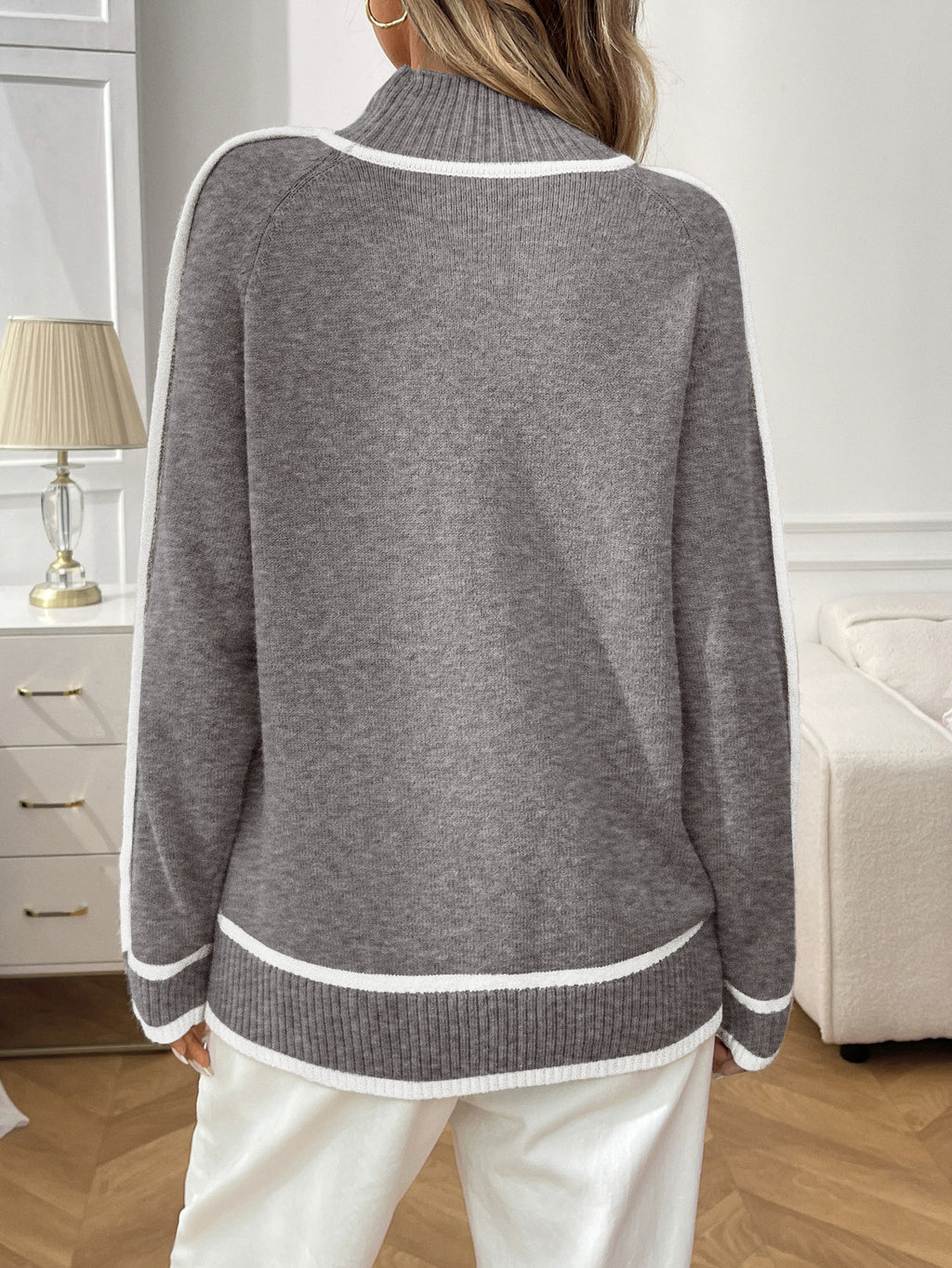 Mock Neck Contrast Stripe Slouchy Sweater - Grey - 2
