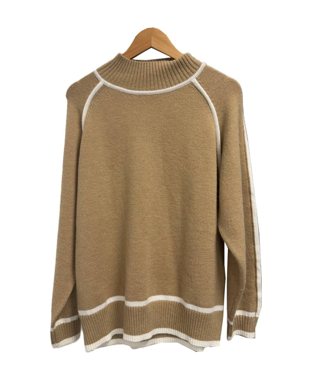 Mock Neck Contrast Stripe Slouchy Sweater - Khaki