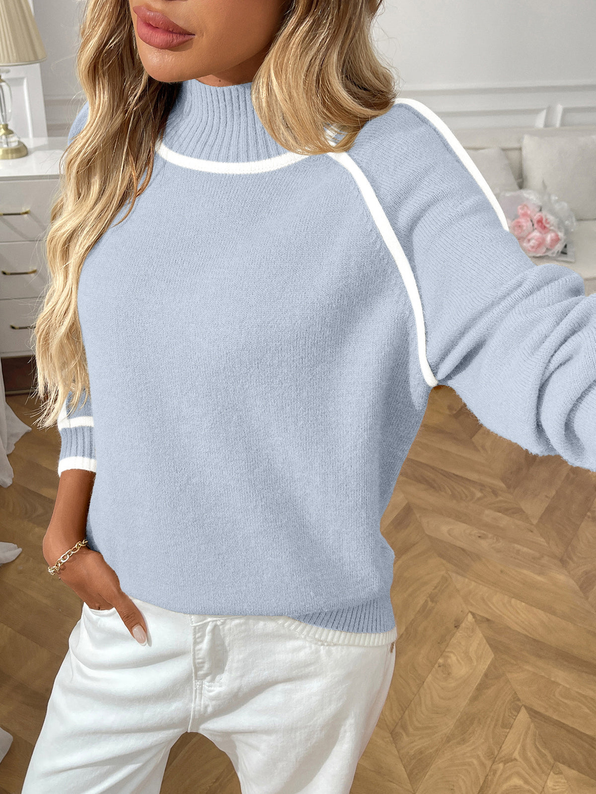 Mock Neck Contrast Stripe Slouchy Sweater - LtBlue - 1