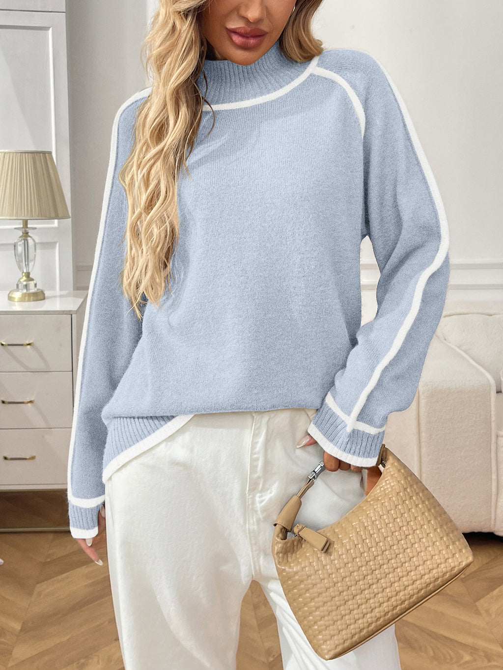 Mock Neck Contrast Stripe Slouchy Sweater - LtBlue - 2