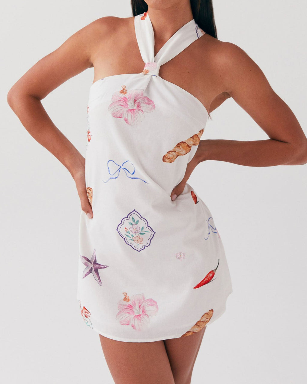 Twist Halter Tie Back Mini Dress - Seashell_W