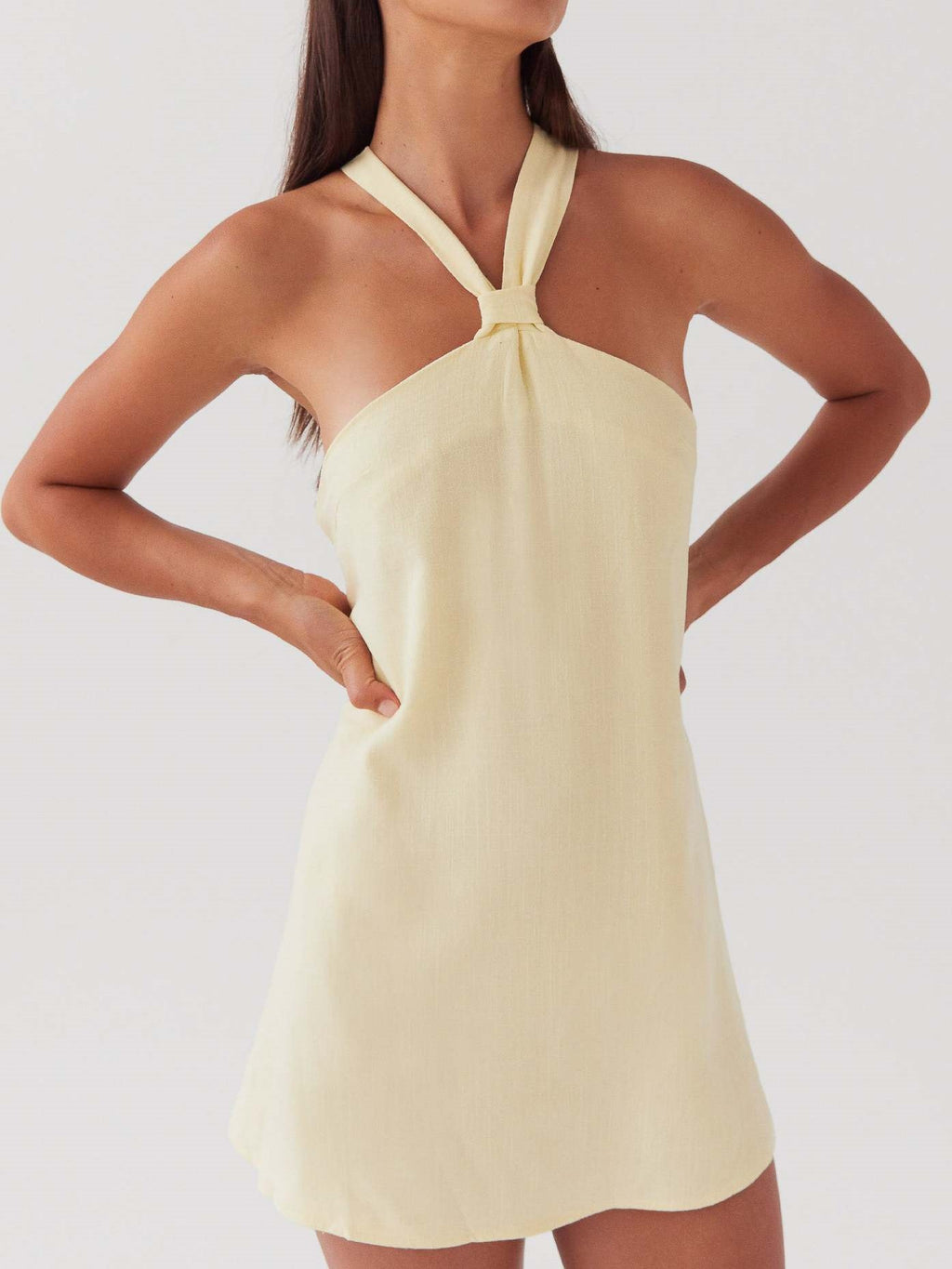 Twist Halter Tie Back Mini Dress - Yellow