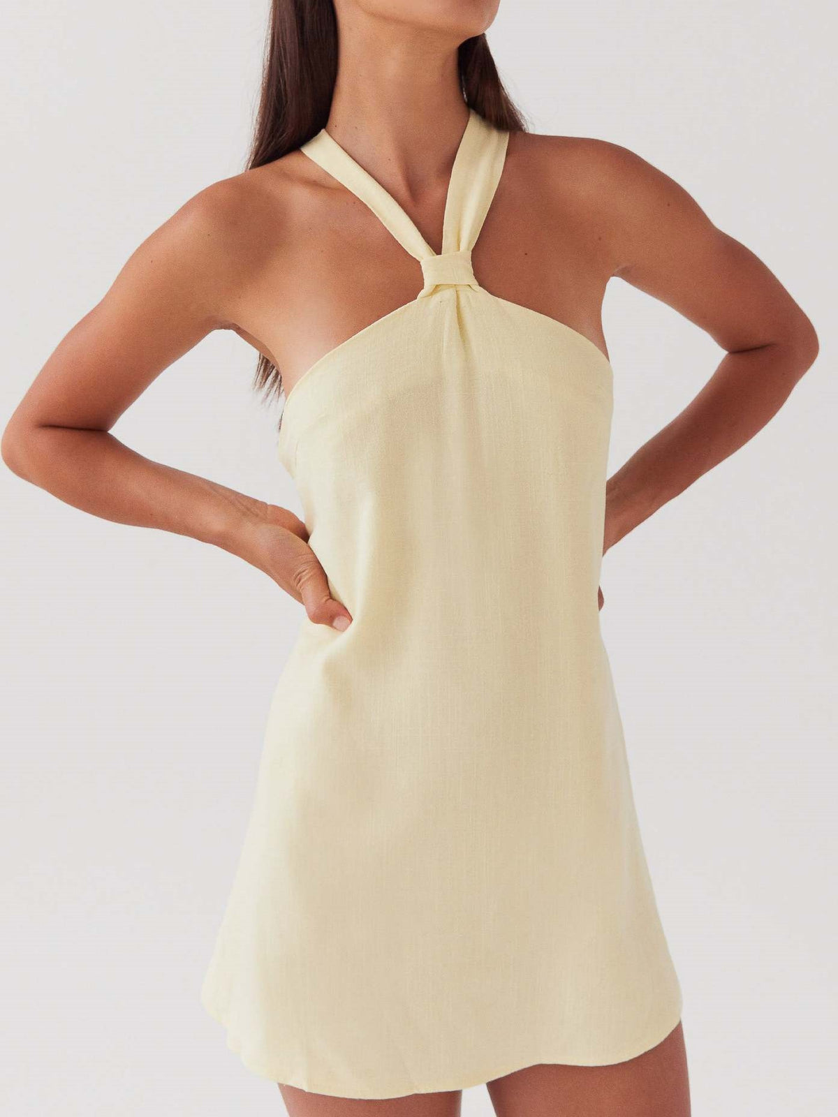 Twist Halter Tie Back Mini Dress - Yellow