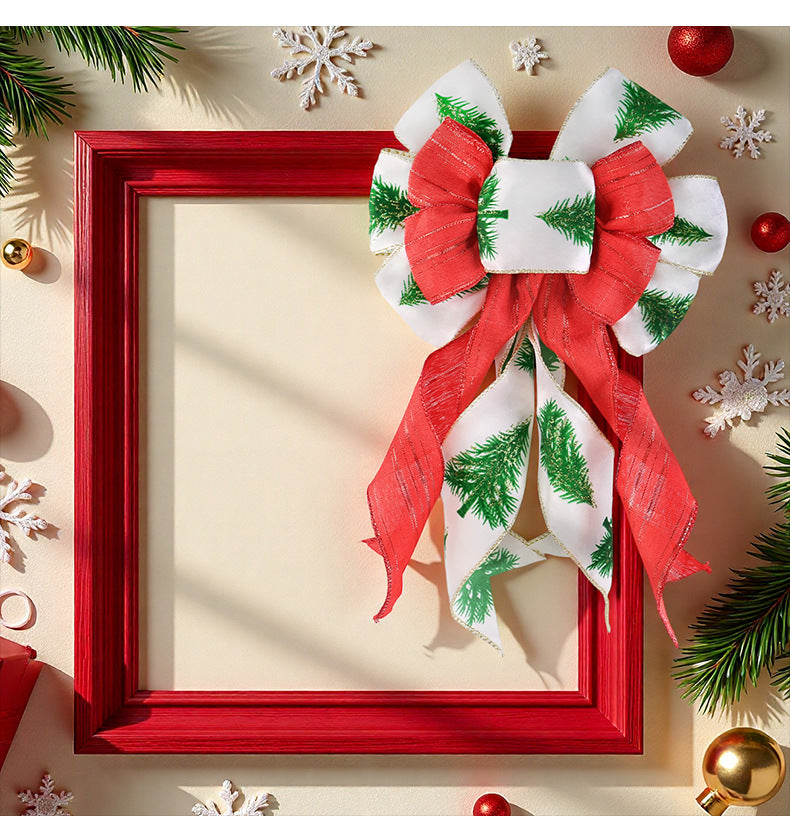 Christmas Bow Decoration with Pine Tree Print Ribbon - Red - 1