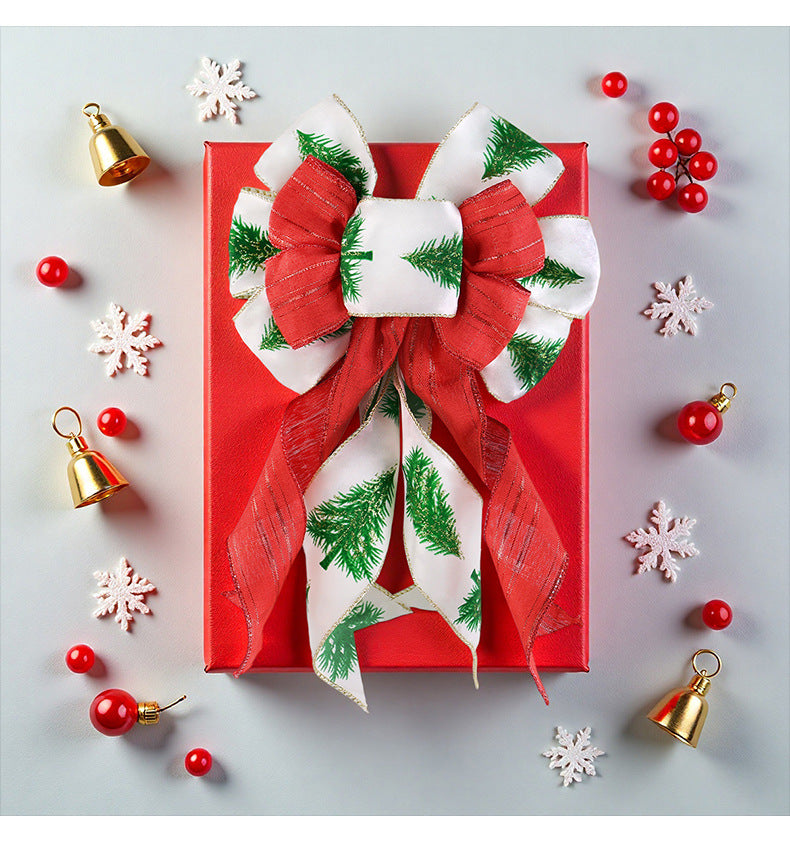 Christmas Bow Decoration with Pine Tree Print Ribbon - Red - 2