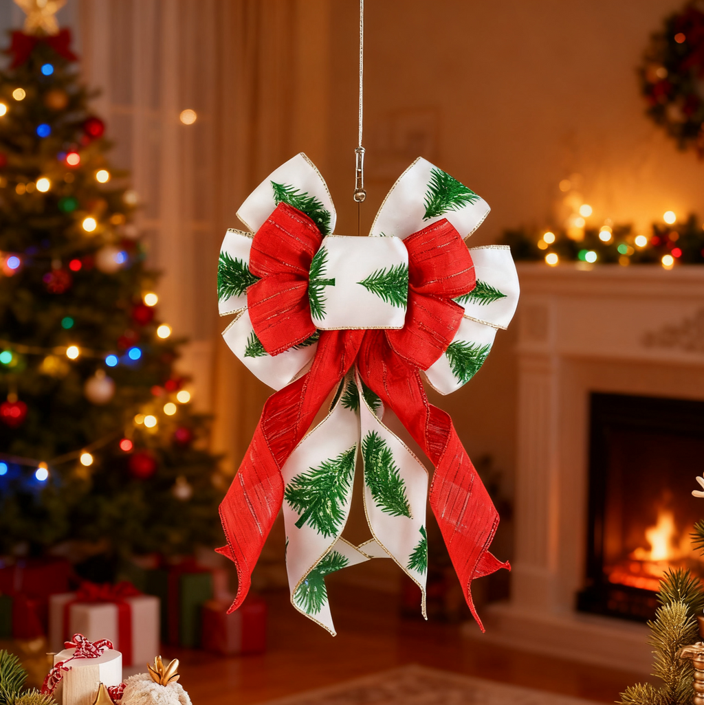Christmas Bow Decoration with Pine Tree Print Ribbon - view 1
