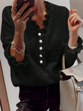 Pearl Button Ruffle Trim Knit Sweater - Black