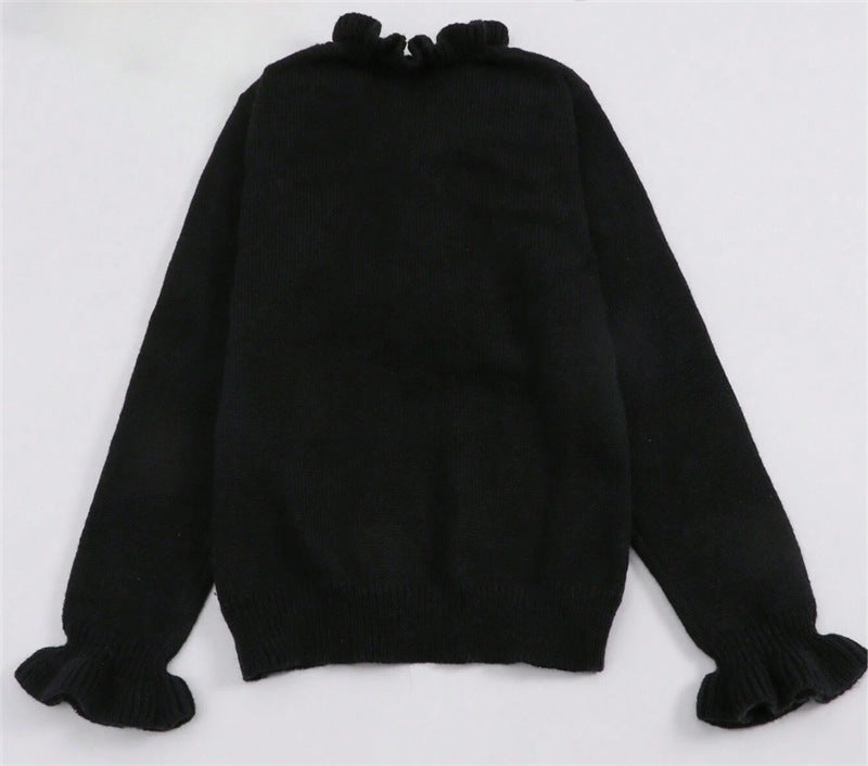 Pearl Button Ruffle Trim Knit Sweater - Black - 1