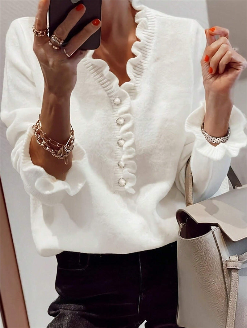 Pearl Button Ruffle Trim Knit Sweater - White