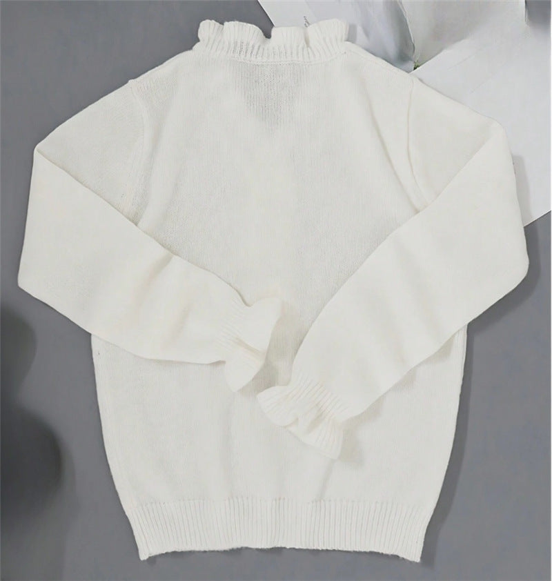 Pearl Button Ruffle Trim Knit Sweater - White - 1