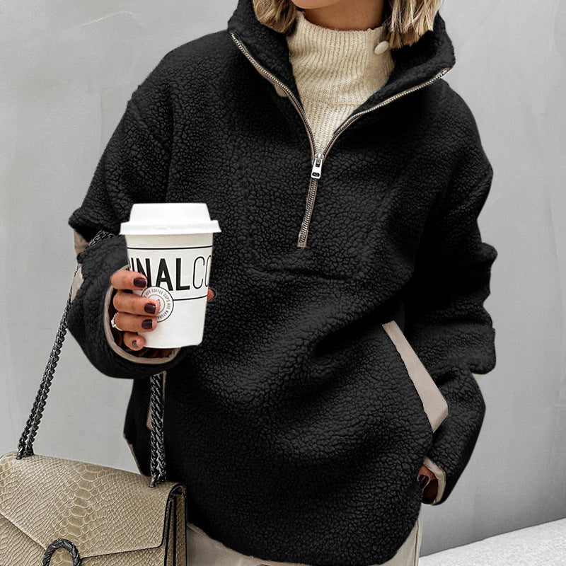 Cozy Sherpa Half Zip Pullover Sweatshirt - Black