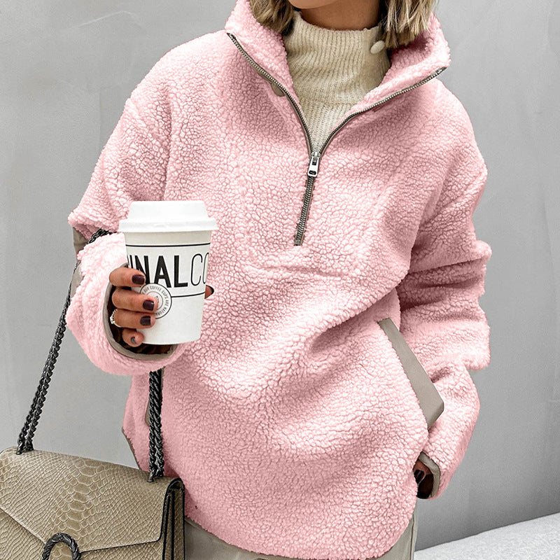 Cozy Sherpa Half Zip Pullover Sweatshirt - Pink