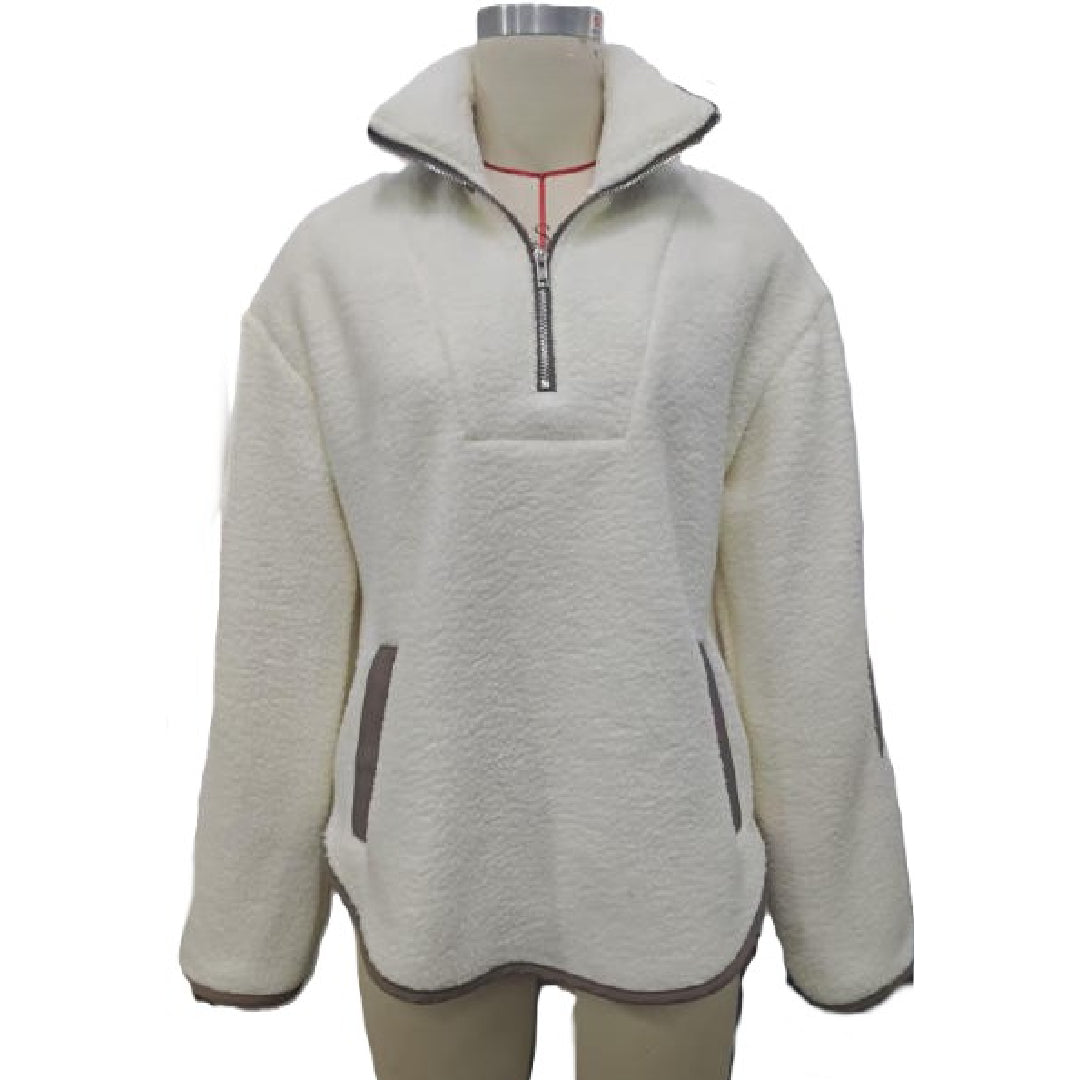 Cozy Sherpa Half Zip Pullover Sweatshirt - White