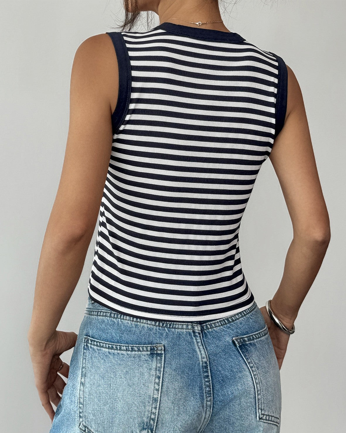 Contrast Trim Striped Ribbed Tank Top - Dark-Blue - 3
