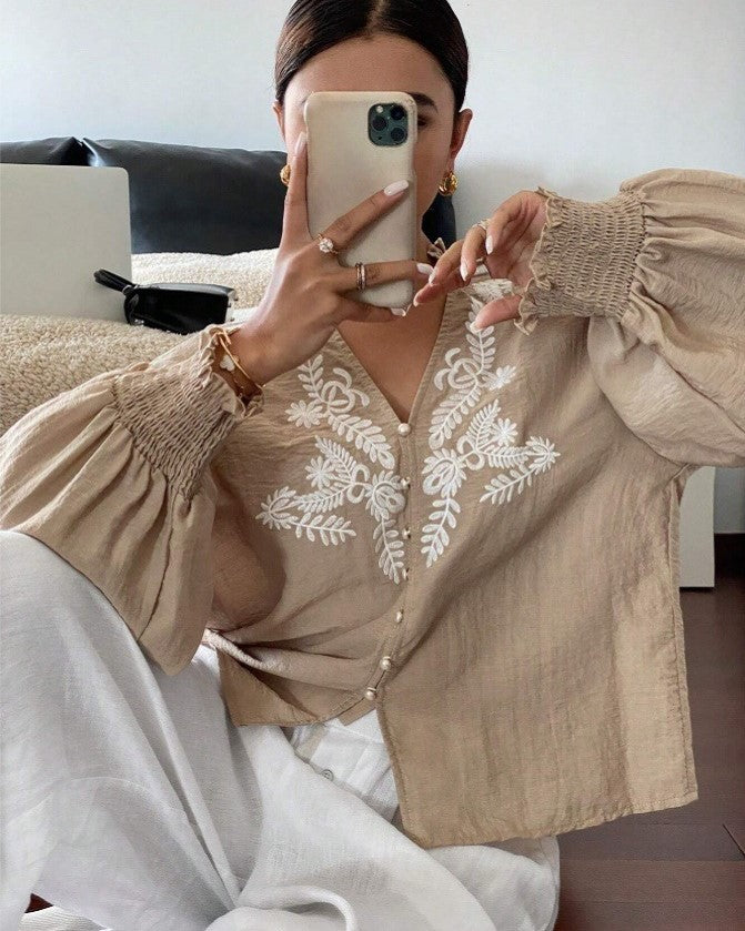 Leaf Embroidered Ruffle Cuff Blouse - Apricot
