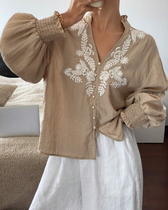 Leaf Embroidered Ruffle Cuff Blouse - Apricot - 1