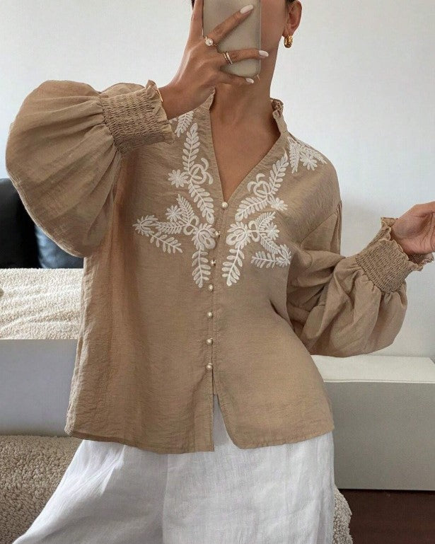 Leaf Embroidered Ruffle Cuff Blouse - Apricot - 2
